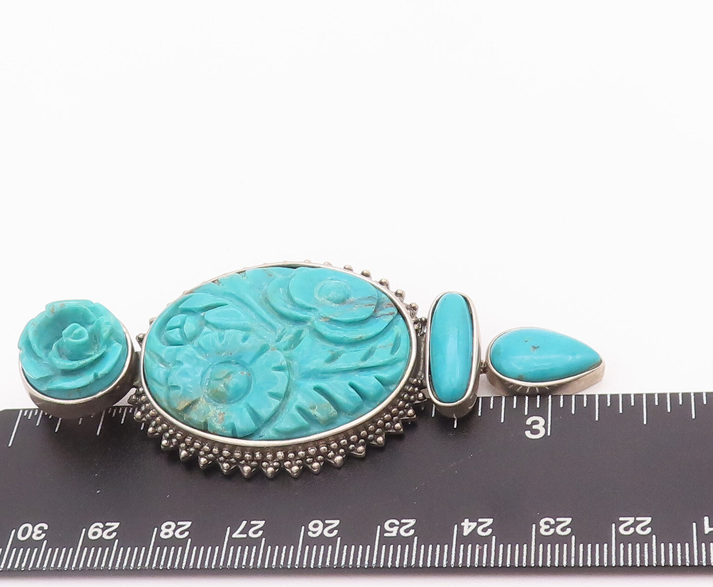 925 Sterling Silver Vintage Brooch Pin AMY KHAN RUSSELL Carved Turquoise BP10754