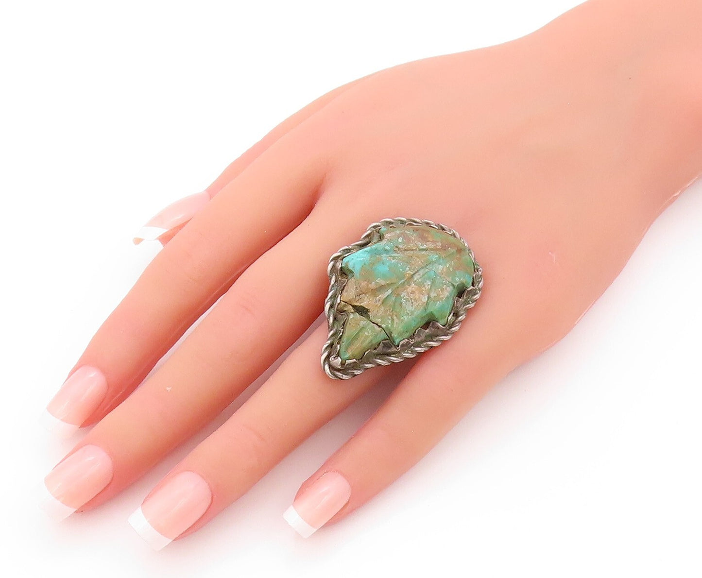 925 Sterling Silver Vintage Ring NAVAJO ZUNI Large Turquoise Leaf SZ 6.5 RG32119