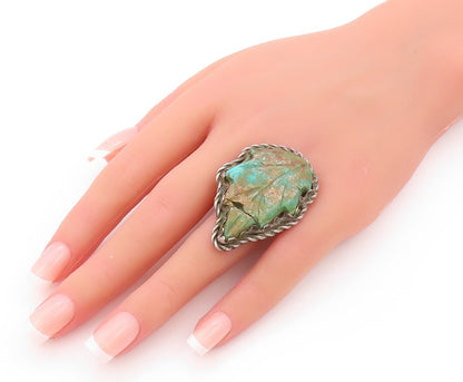 925 Sterling Silver Vintage Ring NAVAJO ZUNI Large Turquoise Leaf SZ 6.5 RG32119