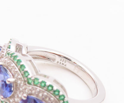 925 Sterling Silver Vintage Ring Oval Blue Halo White & Green CZ  Sz 7  RG29551
