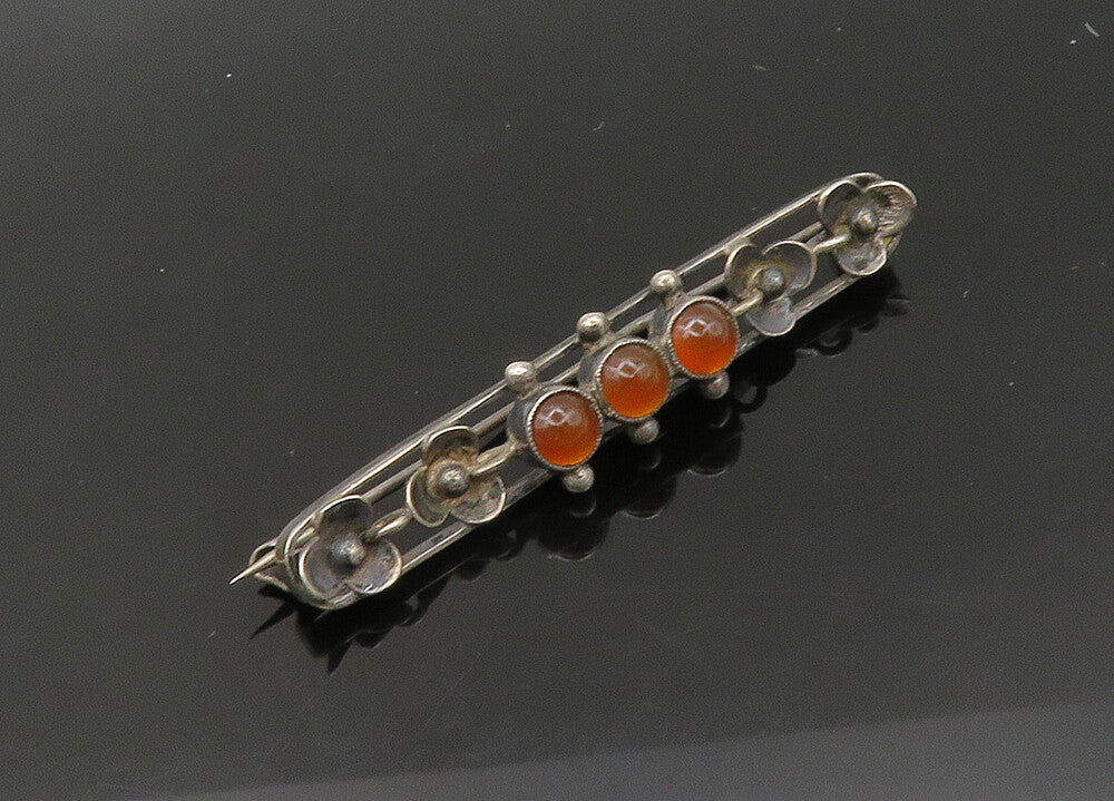 EUROPEAN 925 Silver  Vintage Cabochon Carnelian Floral Brooch Pin  BP8557