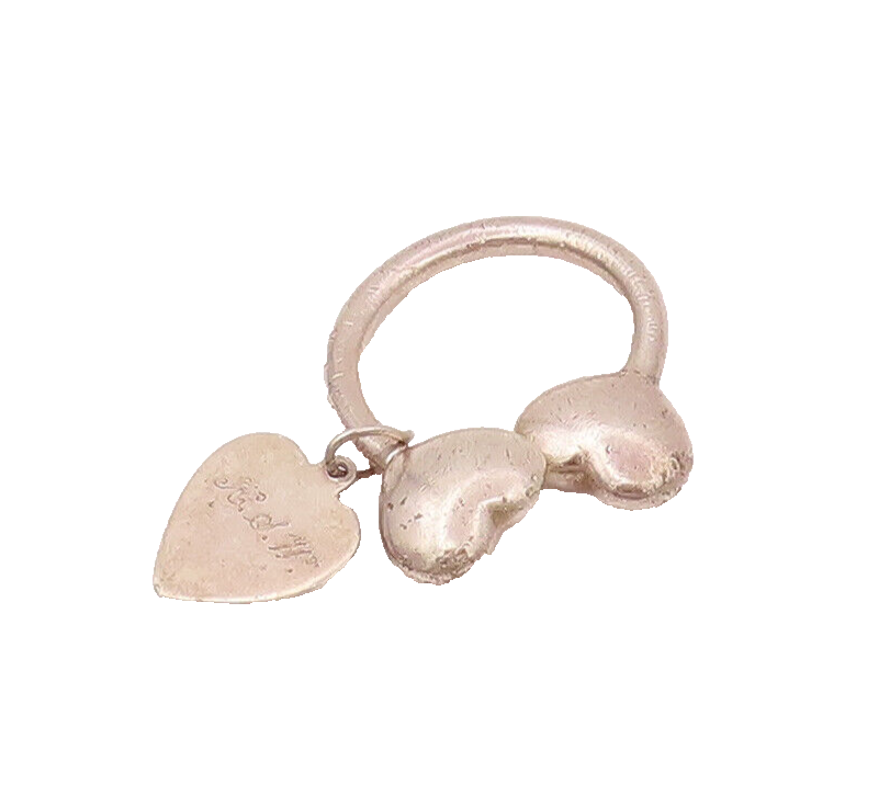 925 Silver  Vintage C Shaped Solid Love Heart & Dangling Heart Keychain TR3490
