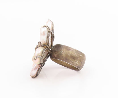 925 Sterling Silver Vintage Ring Elegant Mother Of Pearl Flower  Sz 8  RG35744