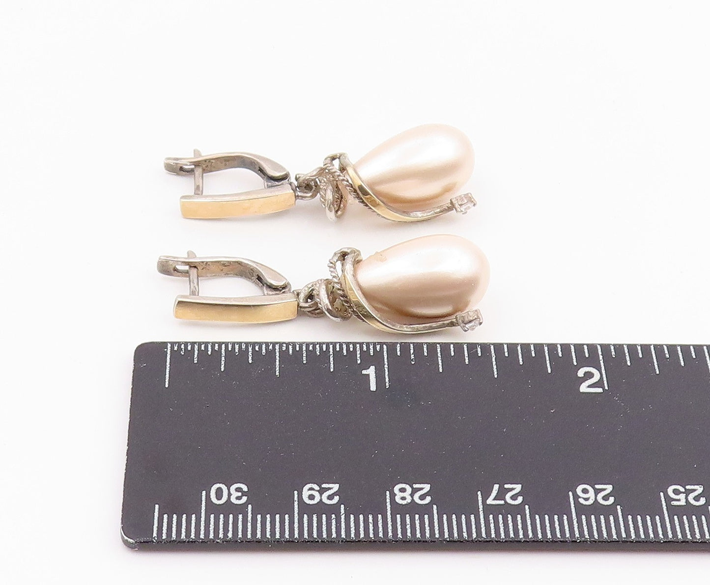 14k Gold & 925 Sterling Silver Vintage Earrings Pink Pearl & CZ Drop  EG14220