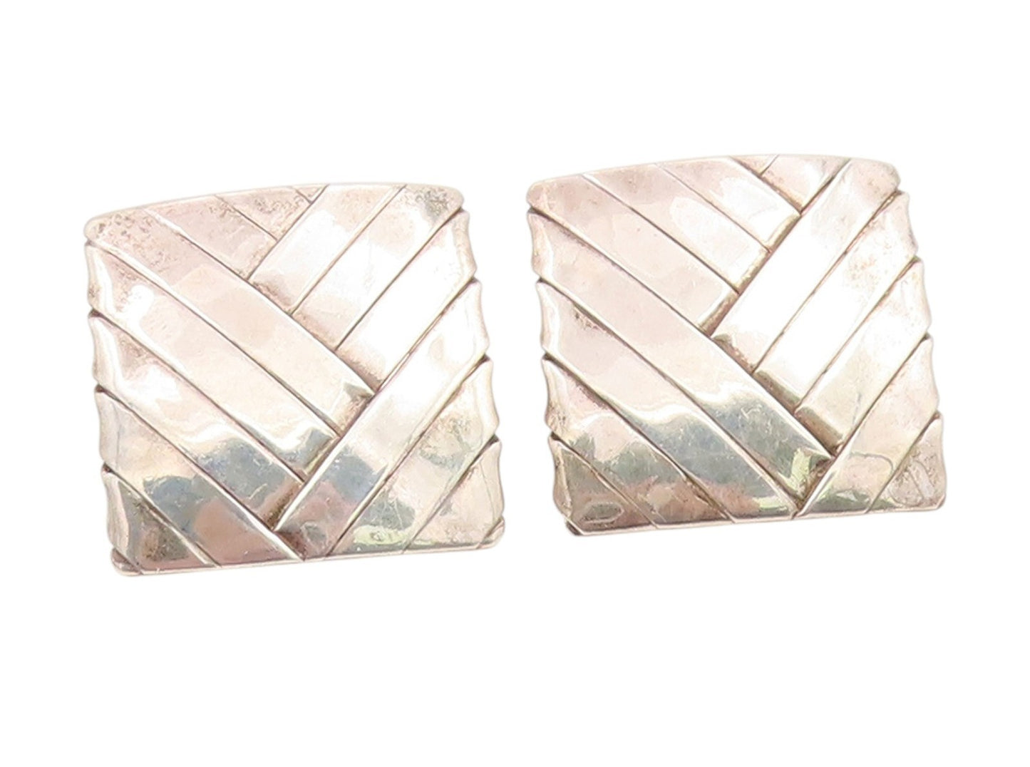 14k Gold & 925 Sterling Silver Vintage Earrings OFIESH Basket Weave Stud EG14062