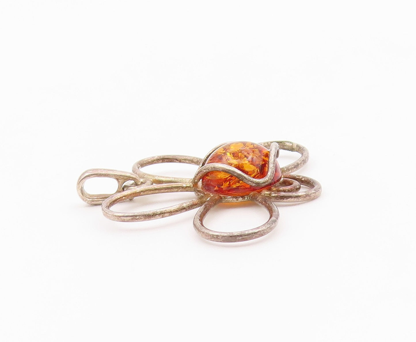 925 Sterling Silver  Vintage Cabochon Cut Amber Butterfly Pendant  PT15648