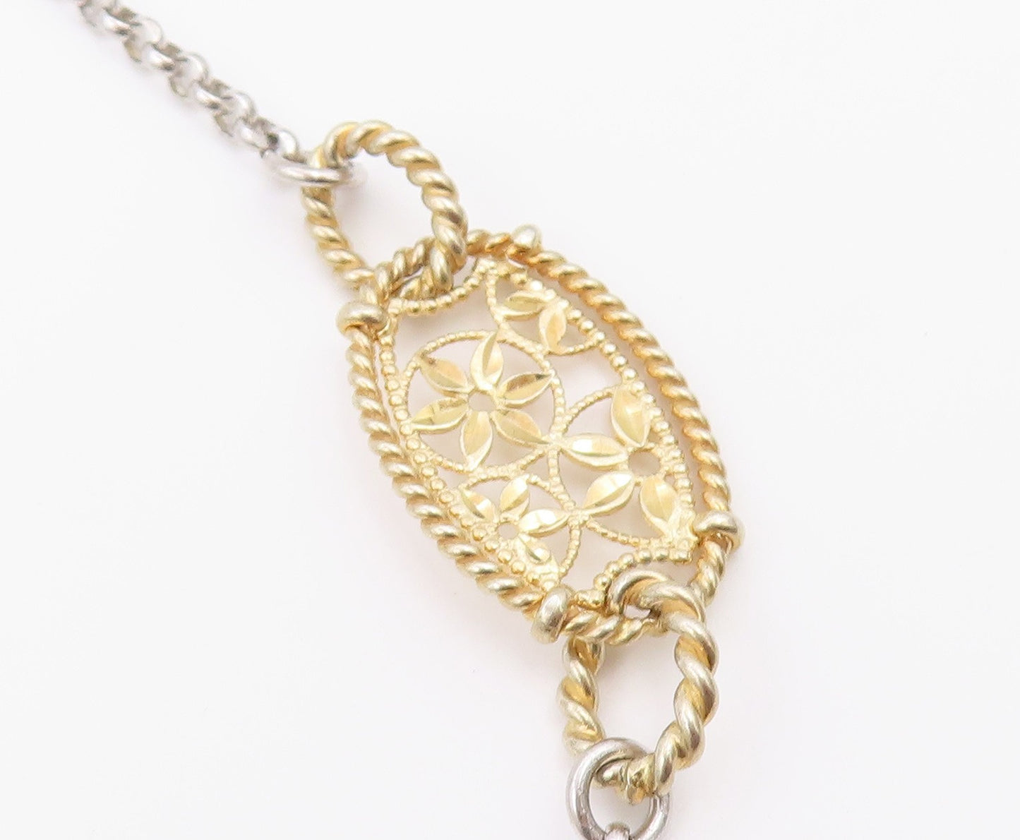 925 Sterling Silver Vintage Necklace Two Tone Floral Filigree Y Drop  NE4940