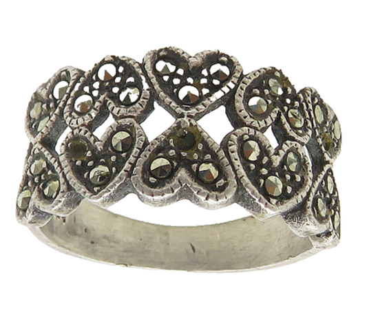 925 Sterling Silver  Vintage Marcasite Move Hearts Band Ring Sz 7  RG17663