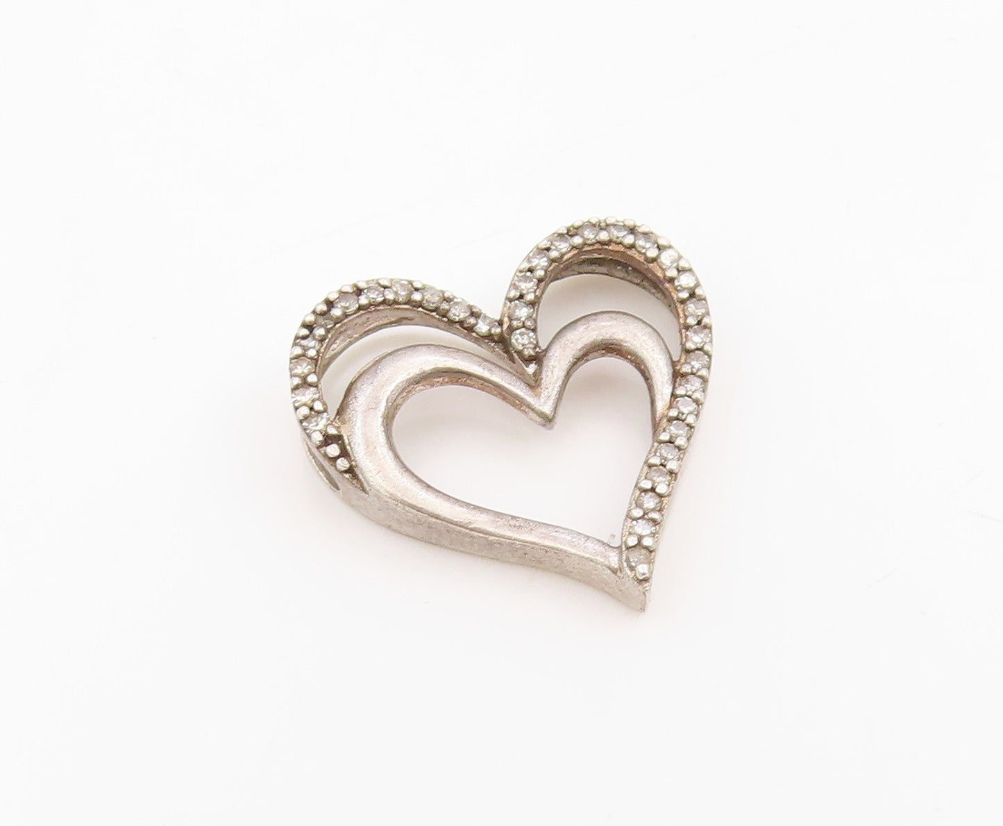 925 Sterling Silver Vintage Pendant Real Diamonds Love Heart Outline  PT25479