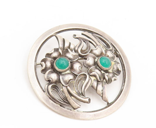 925 Sterling Silver Vintage Chrysoprase Flower Round Frame Brooch Pin BP10322