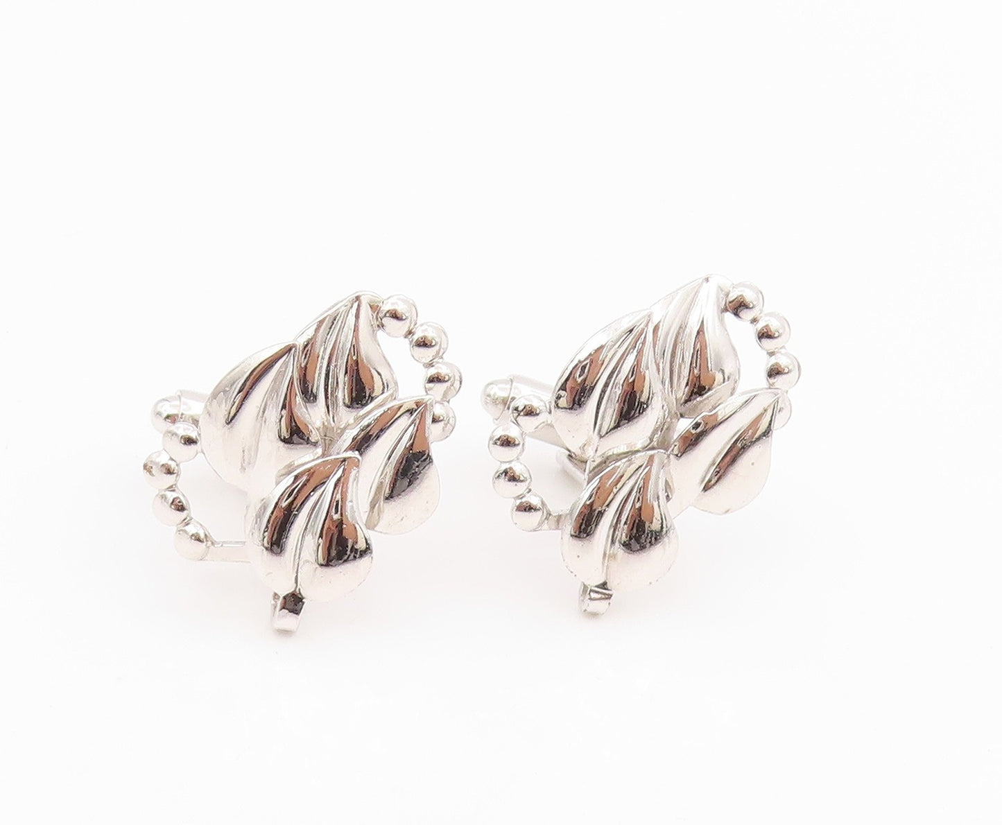 925 Sterling Silver Vintage Cufflinks Modernist Beaded Floral Leaf Motif  TR4156