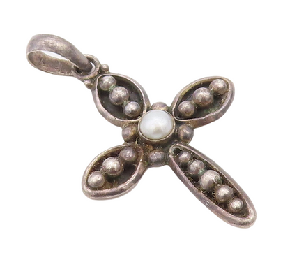 925 Sterling Silver Vintage Pendant SILPADA Dark Tone Pearl Beaded Cross PT23544