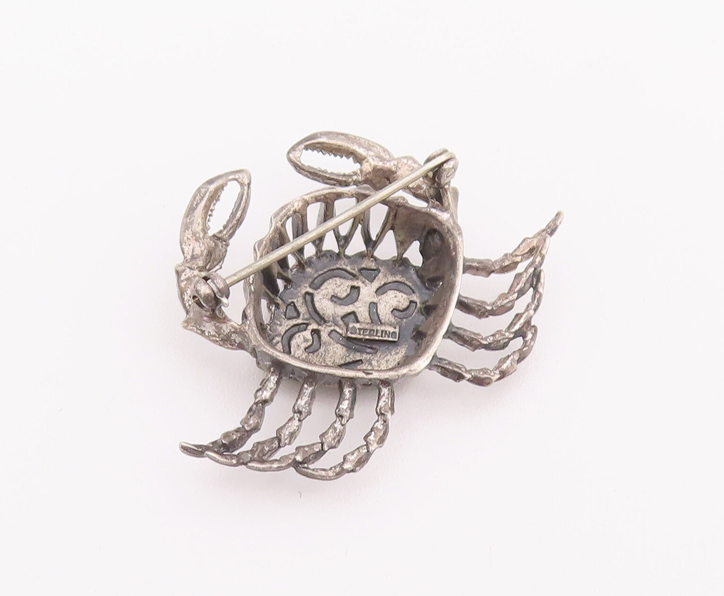 925 Sterling Silver Vintage Brooch Pin Solid Carved Green Enameled Crab  BP10781