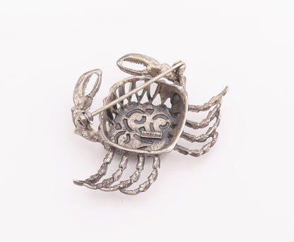 925 Sterling Silver Vintage Brooch Pin Solid Carved Green Enameled Crab  BP10781