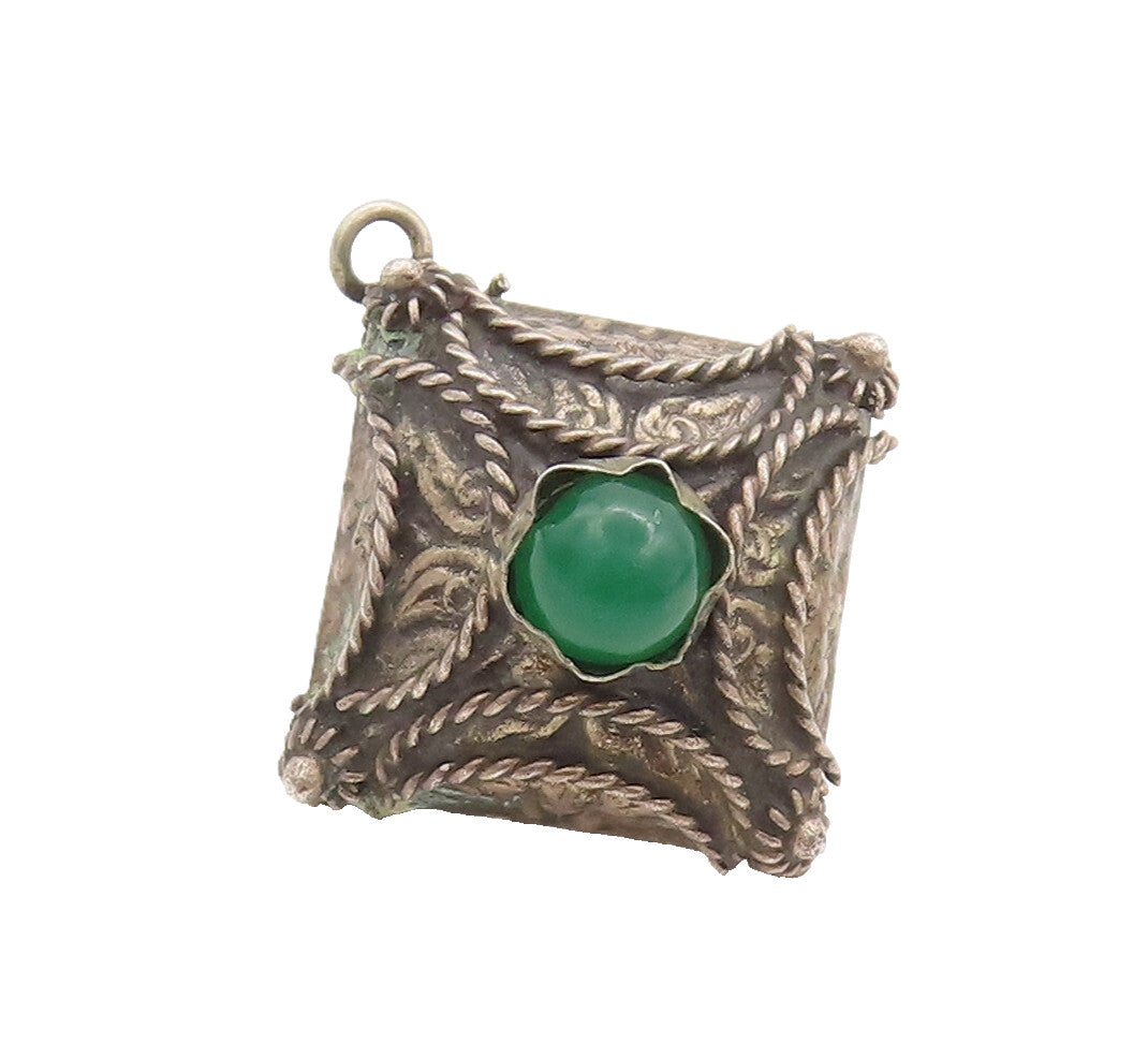 925 Sterling Silver Vintage Pendant Agate Twisted Rope Carved Square  PT22732