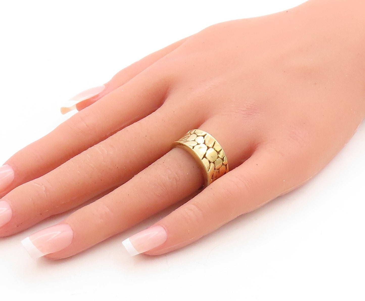 925 Sterling Silver Vintage Ring Gold Plated Pebble Effect Carved  Sz 8  RG31356