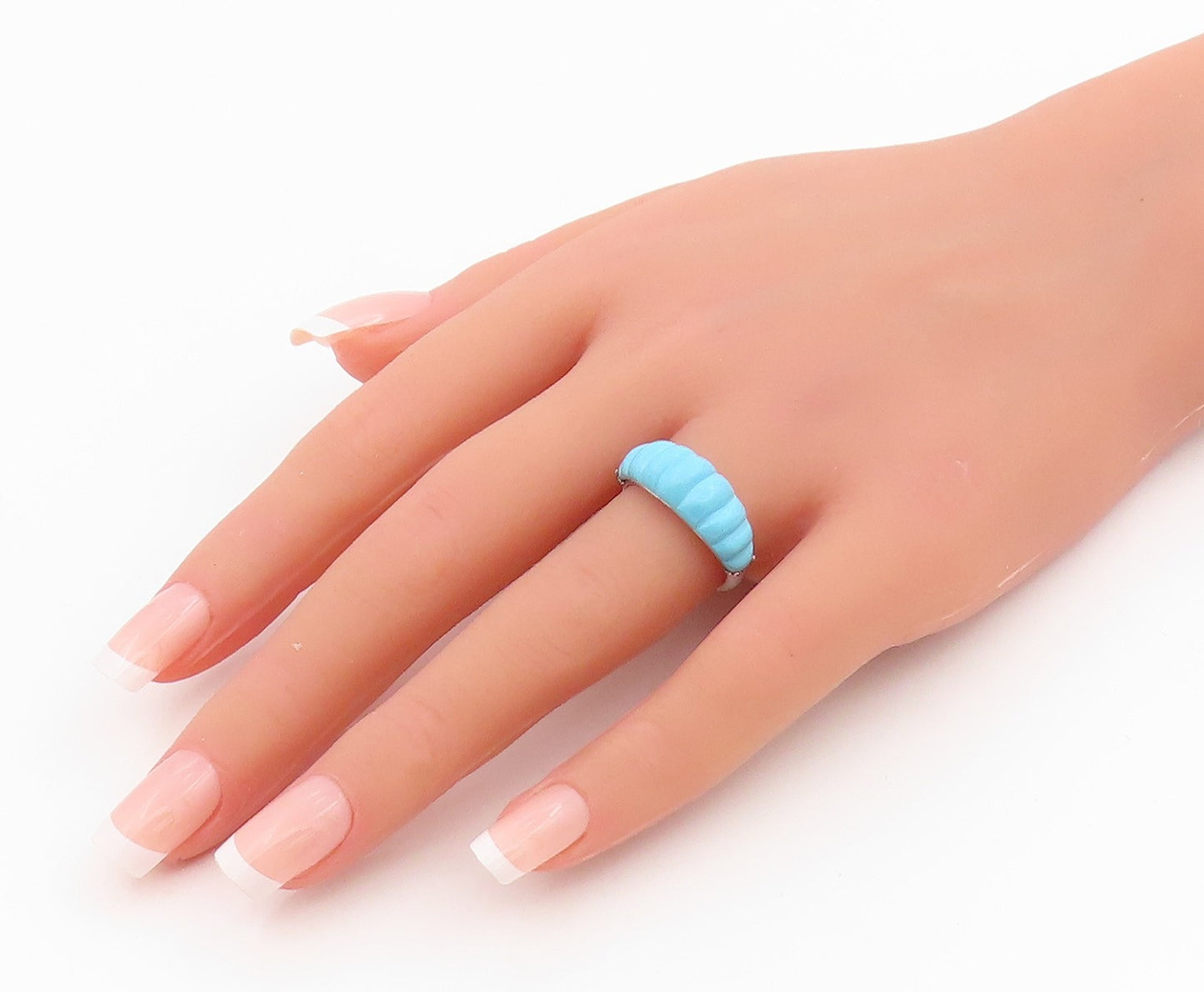 925 Sterling Silver Vintage Ring Ribbed Turquoise Statement Band  Sz 7  RG34190