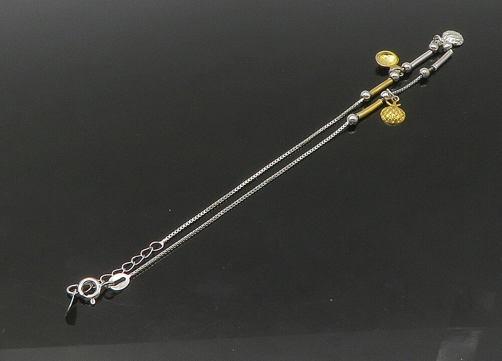 925 Sterling Silver  Vintage Shiny Two Tone Charmed Chain Bracelet  BT8750