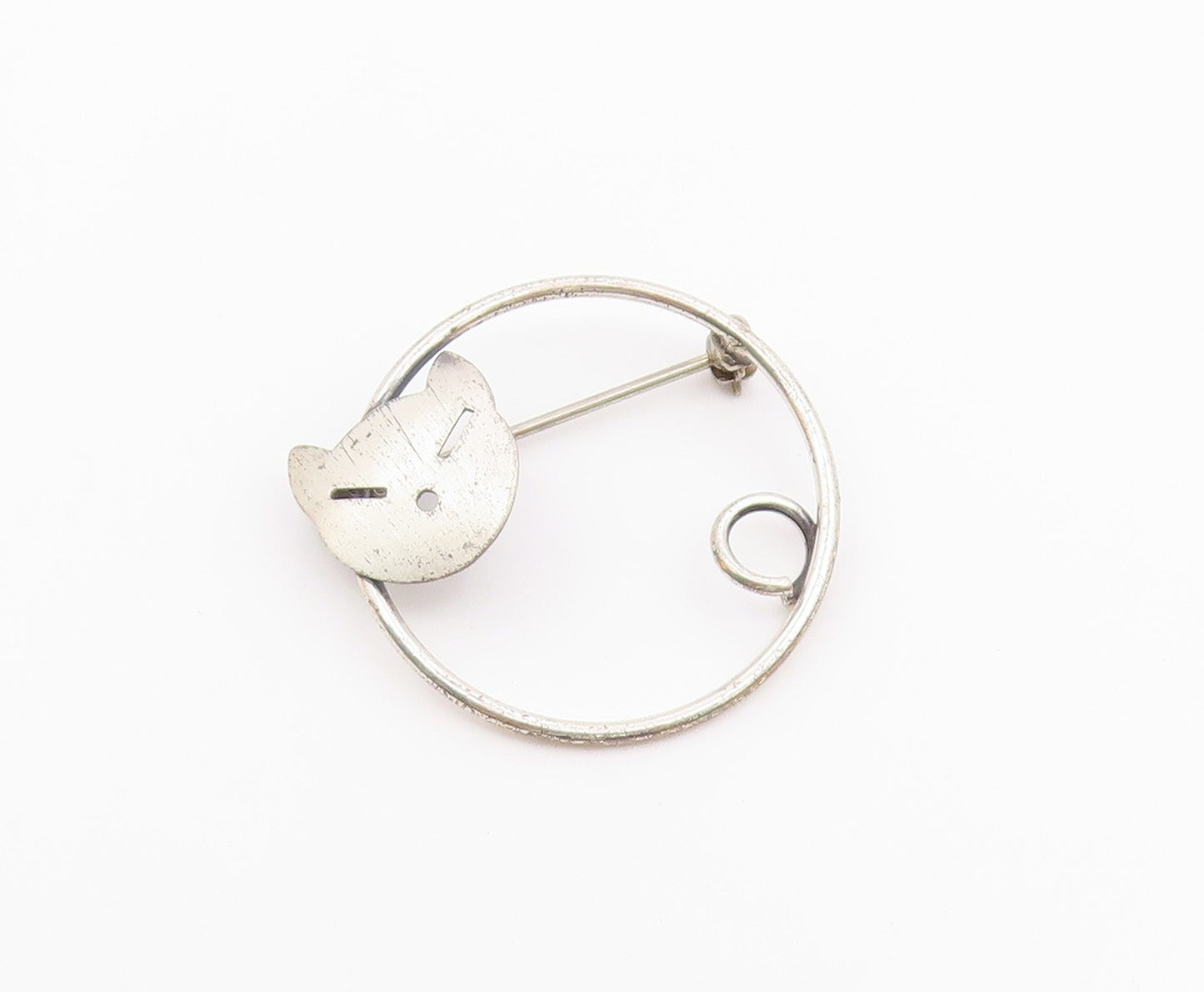 BEAU 925 Silver  Vintage Round Kitty Cat Head & Tail Brooch Pin  BP10074