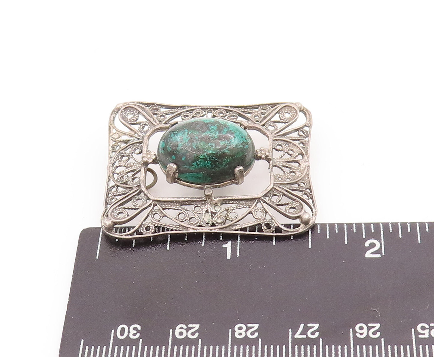 925 Sterling Silver Vintage Brooch Pin Green Moss Agate Swirly Cutout  BP11006