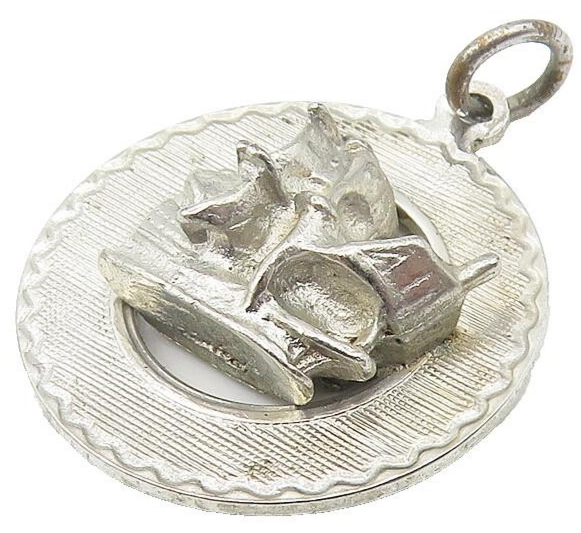 925 Sterling Silver  Vintage Petite Dark Tone Sail Boat Round Pendant  PT9388