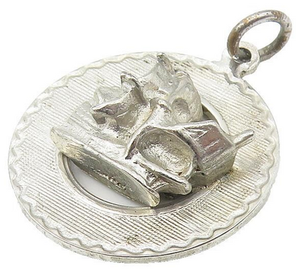 925 Sterling Silver  Vintage Petite Dark Tone Sail Boat Round Pendant  PT9388