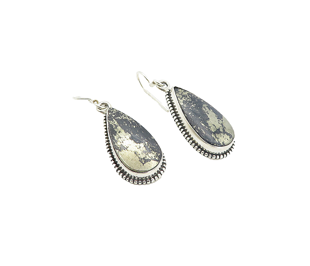 925 Sterling Silver  Tear Drop Pyrite In Black Onyx Dangle Earrings  EG3714
