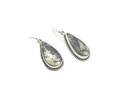 925 Sterling Silver  Tear Drop Pyrite In Black Onyx Dangle Earrings  EG3714