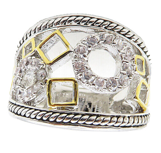 925 Sterling Silver   Shiny Cubic Zirconia Open 2 Tone Band Ring Sz 6  RG9184