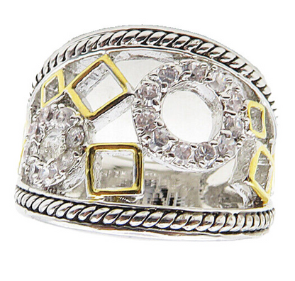 925 Sterling Silver   Shiny Cubic Zirconia Open 2 Tone Band Ring Sz 6  RG9184