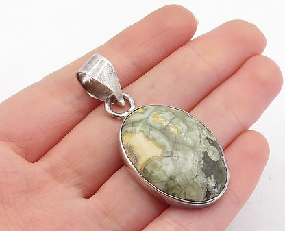 925 Sterling Silver  Vintage Cabochon Cut Jasper Shiny Drop Pendant  PT4112