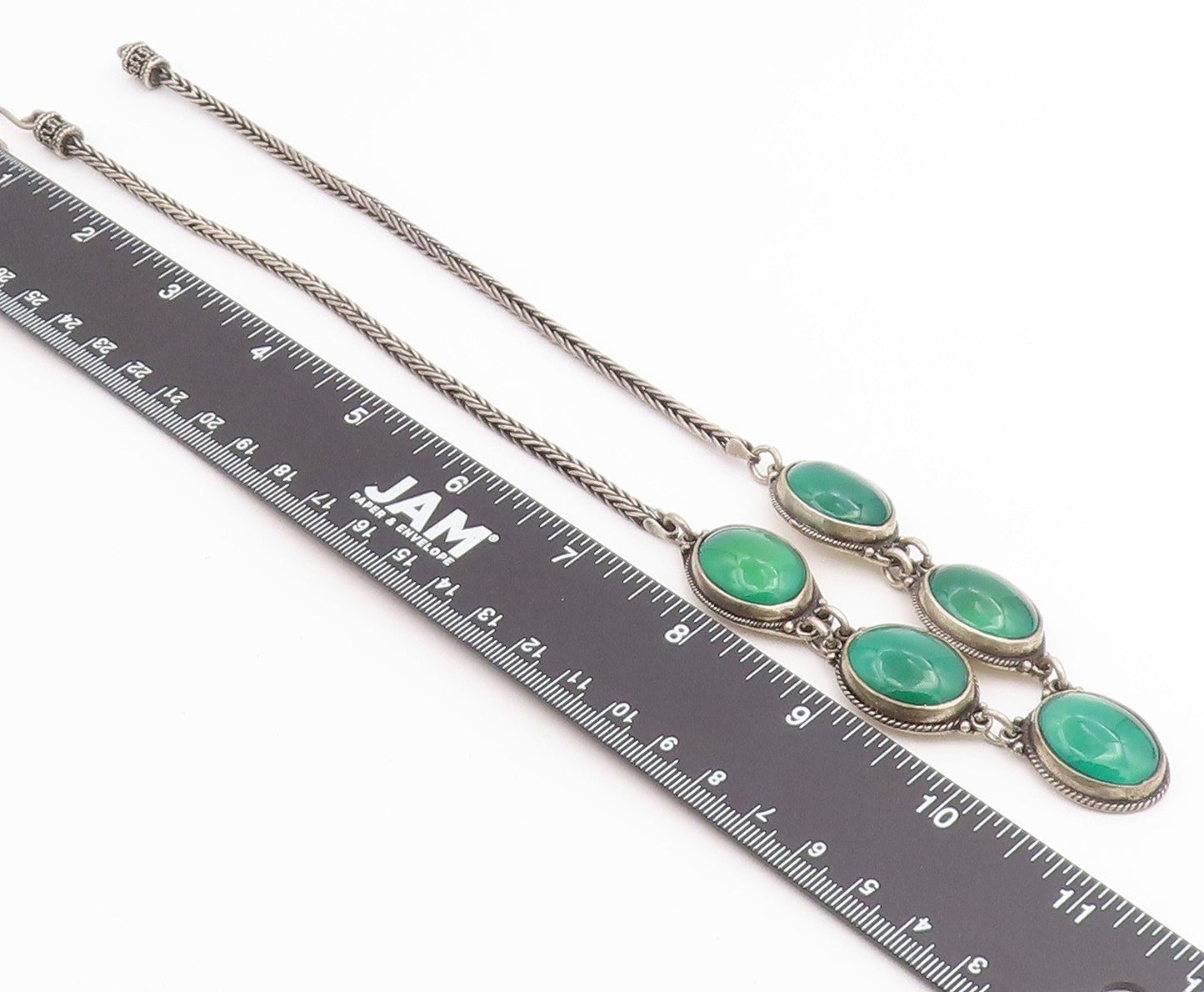 925 Sterling Silver Vintage Necklace Green Chalcedony Statement Chain  NE4911