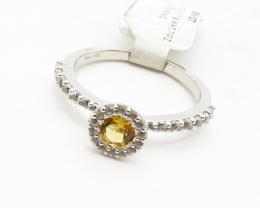 925 Sterling Silver  Citrine & White Topaz Shiny Band Ring Sz 6.5  RG12856