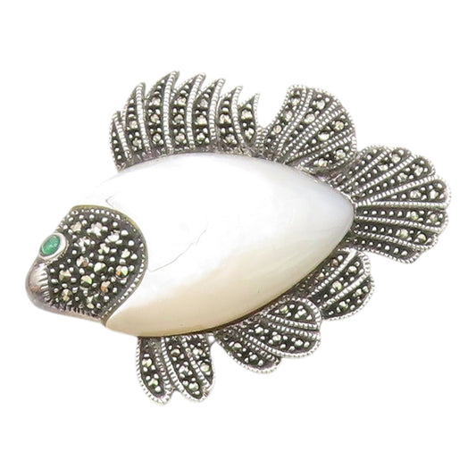 JUDITH JACK 925 Silver  Vintage Mother Of Pearl & Marcasite Brooch Pin  BP9512