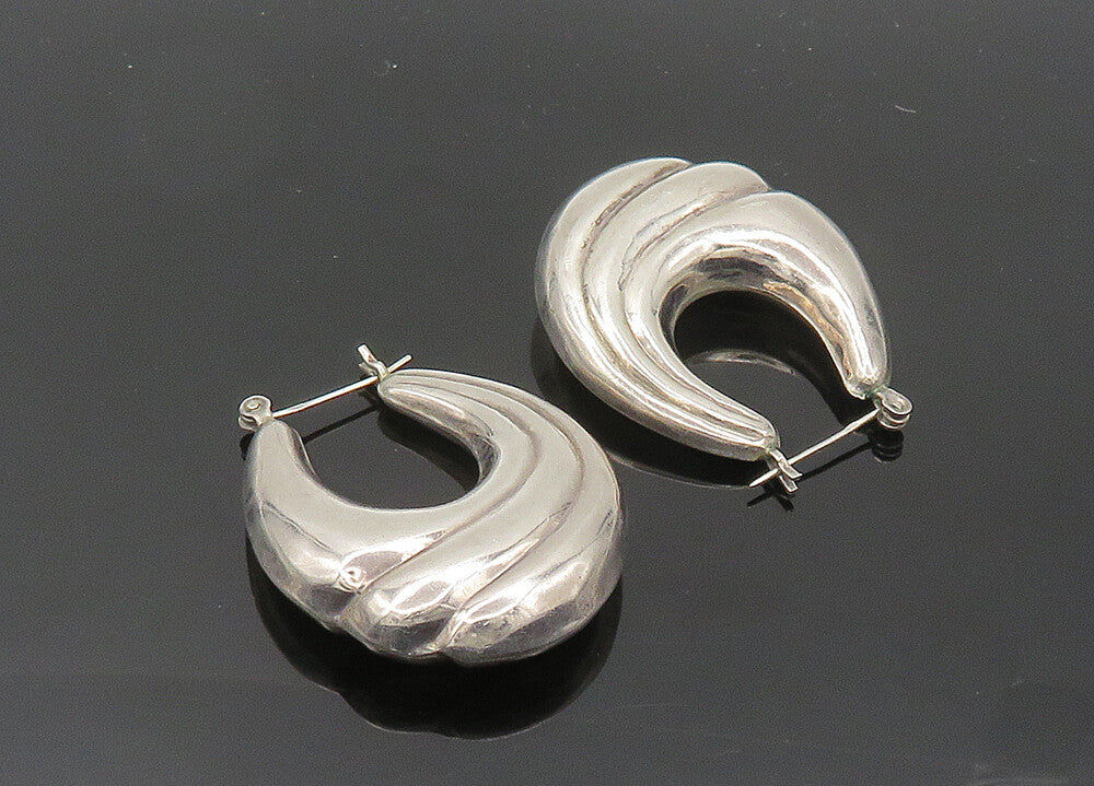 925 Sterling Silver  Vintage Hollow Fluted UShape Hoop Earrings  EG10128