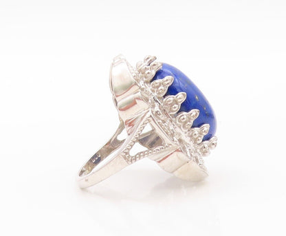 925 Sterling Silver Vintage Ring Oval Lapis Lazuli Floral Carved  Sz 7  RG30177