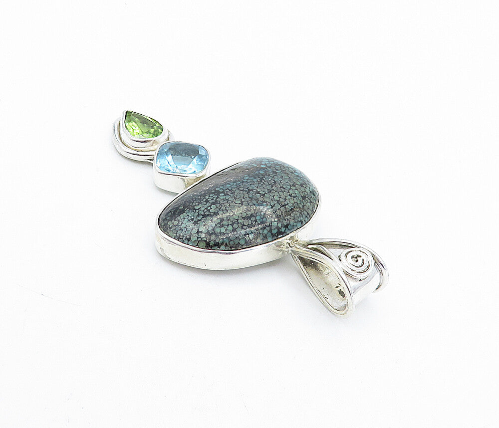 925 Sterling Silver  Vintage Jasper Topaz & Peridot Swirl Drop Pendant  PT3095