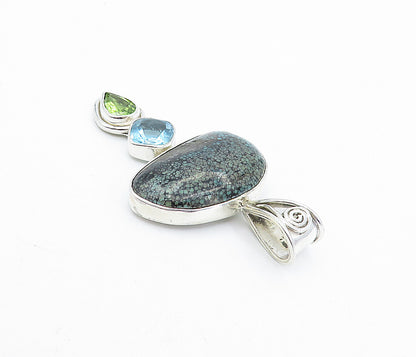 925 Sterling Silver  Vintage Jasper Topaz & Peridot Swirl Drop Pendant  PT3095
