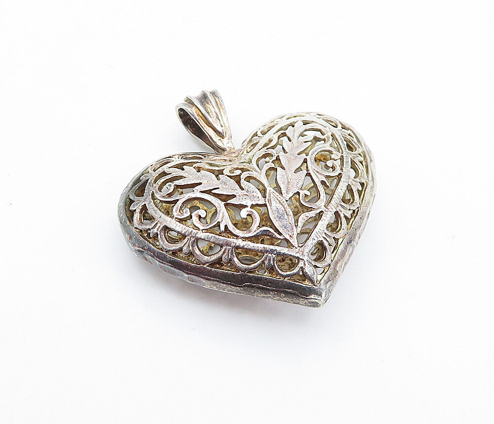 925 Sterling Silver  Vintage Dark Tone Floral Swirl Vine Heart Pendant  PT3832