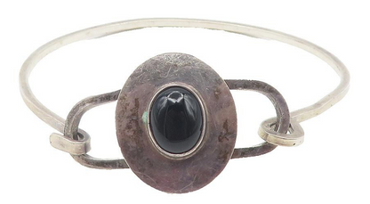 EM NAVAJO 925 Silver  Vintage Cabochon Black Onyx Hook Bangle Bracelet  BT4637