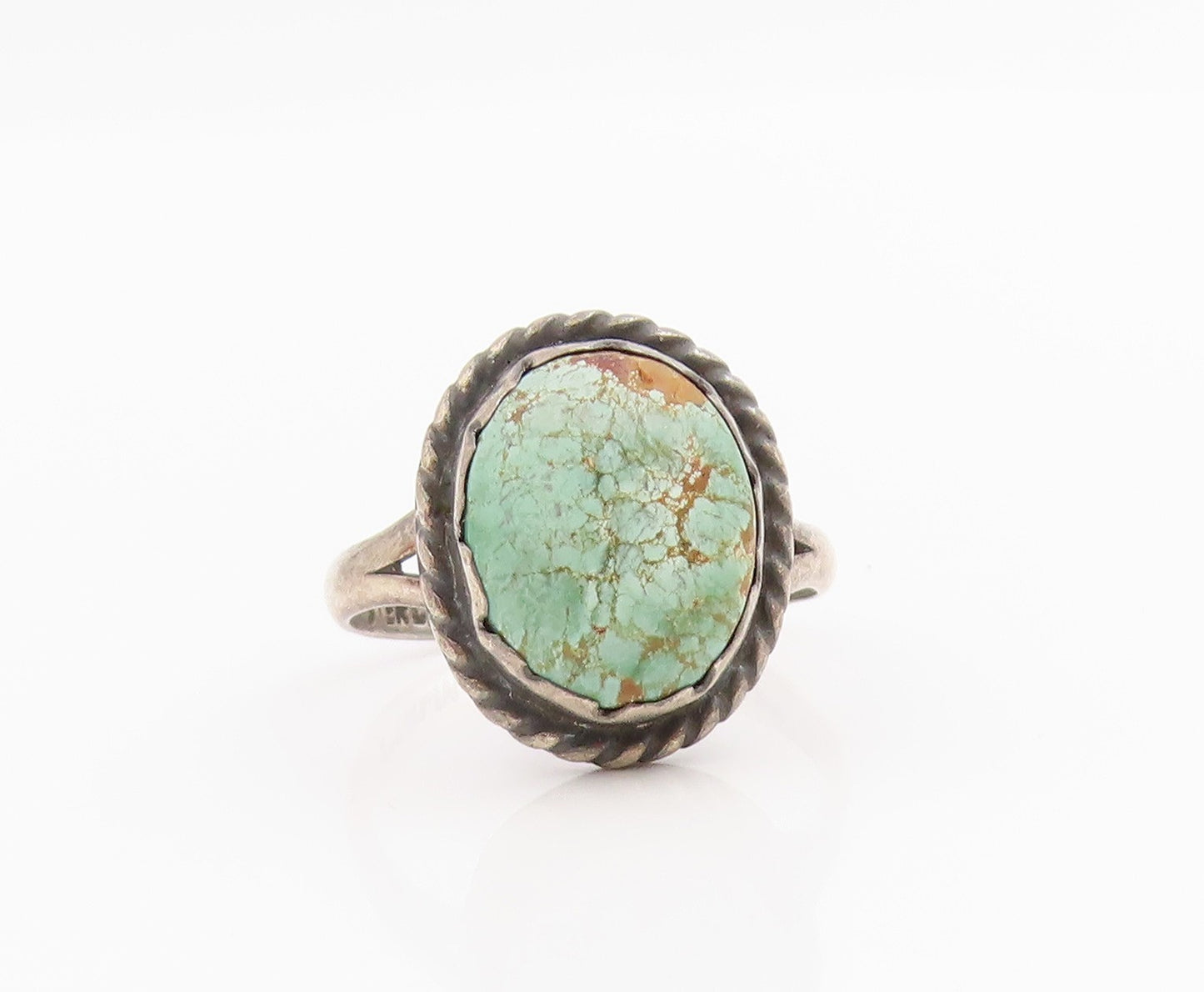 925 Sterling Silver Vintage Ring Green Turquoise Halo Rope Edge  Sz 8.5  RG34196