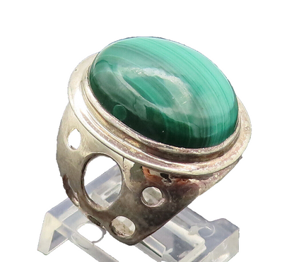 925 Sterling Silver  Vintage Brutalist Band Malachite Solid Ring Sz 6  RG27406