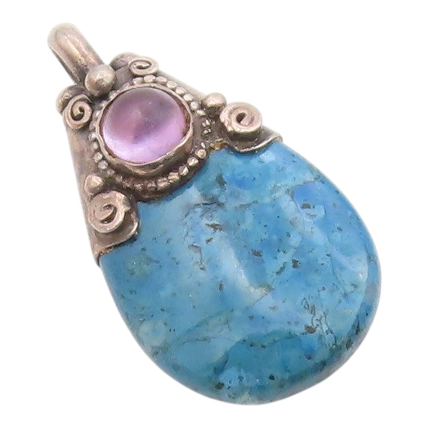 925 Sterling Silver  Vintage Blue Turquoise & Amethyst Swirl Pendant  PT19267