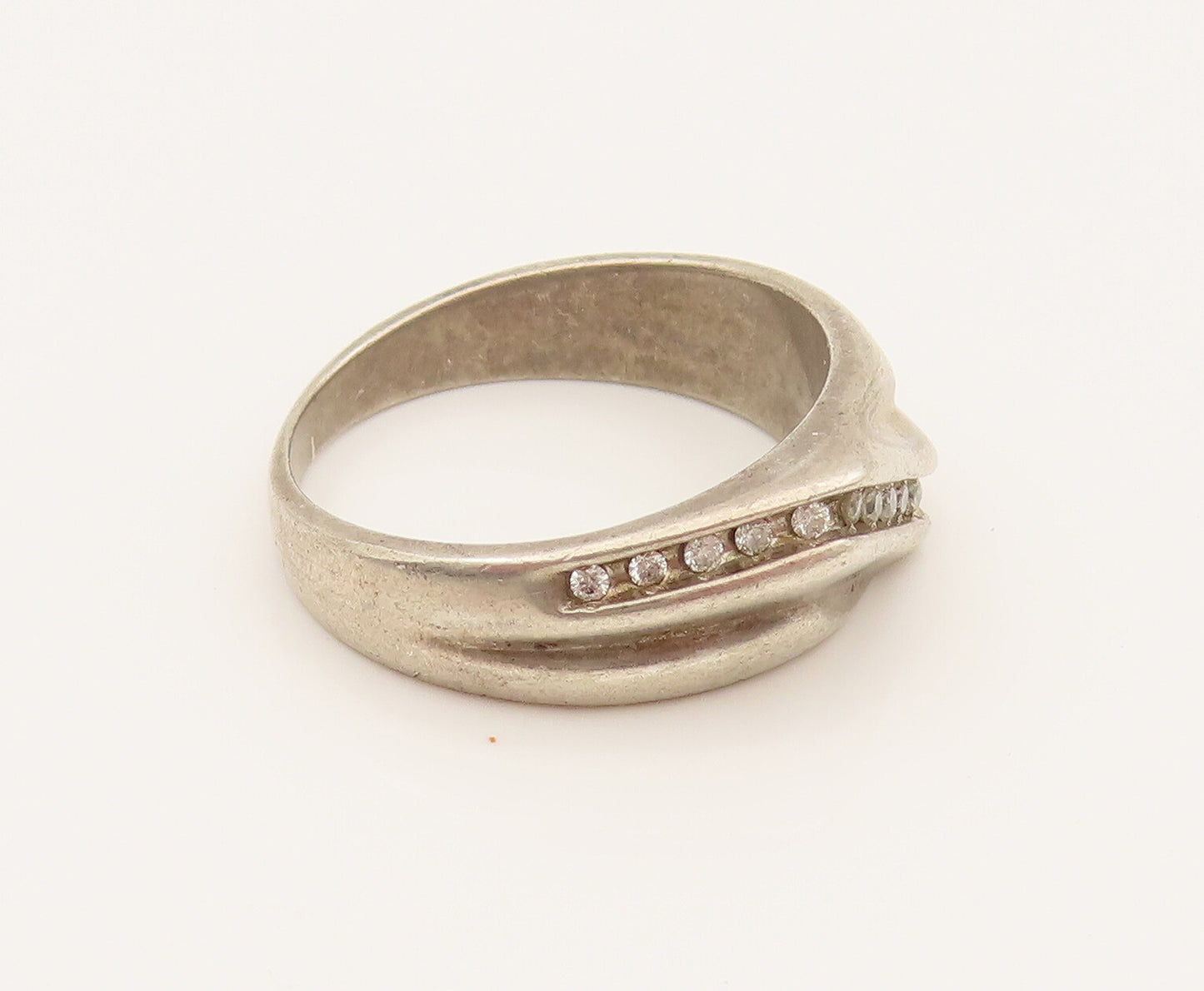 925 Sterling Silver  Vintage Genuine Diamonds Zig Zag Band Ring Sz 8  RG26288