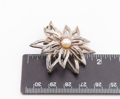 925 Sterling Silver  Vintage Cultured Pearl Flower Motif Brooch Pin  BP8927