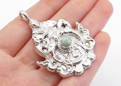 925 Sterling Silver  Turquoise Double Fish Shiny Ornate Design Pendant  PT5919