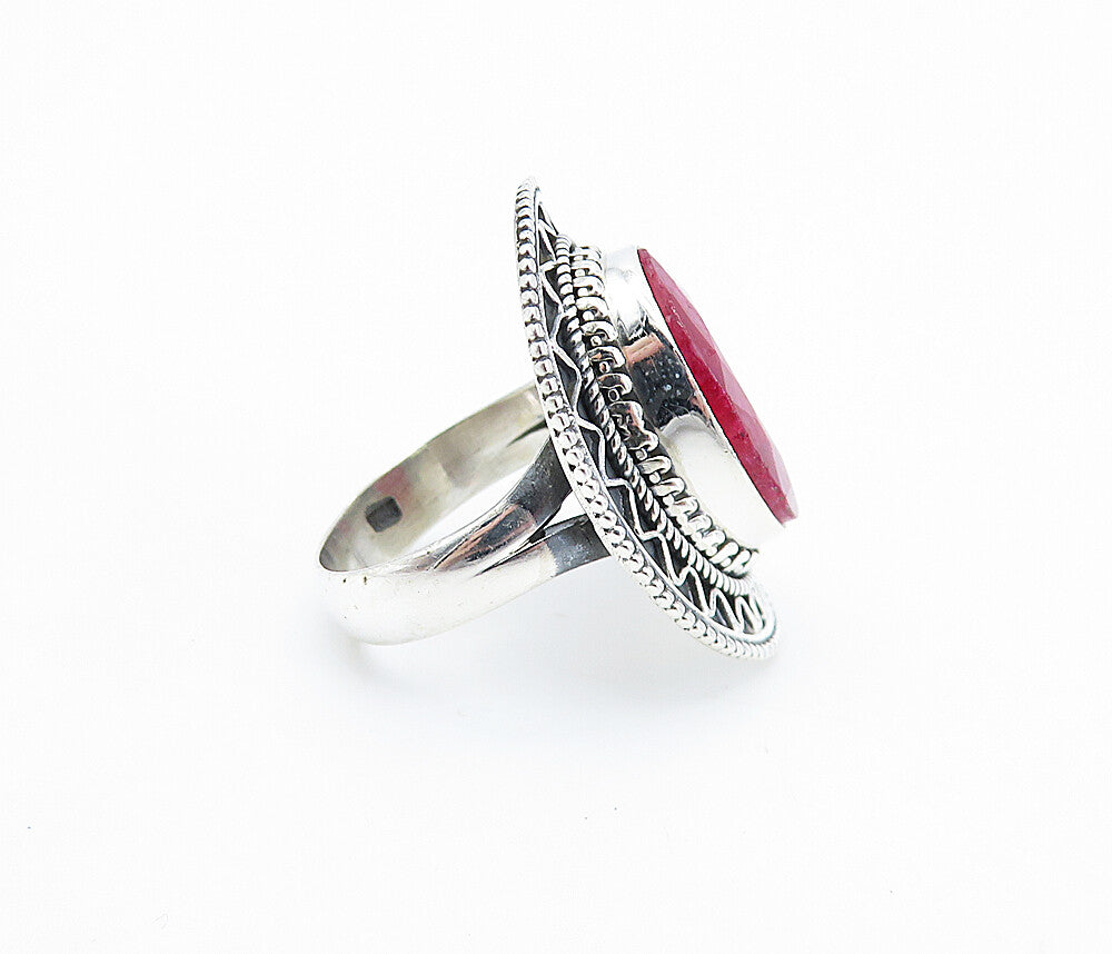 925 Sterling Silver  Ruby Shiny Wavy Border Oval Cocktail Ring Sz 8.5  RG8138