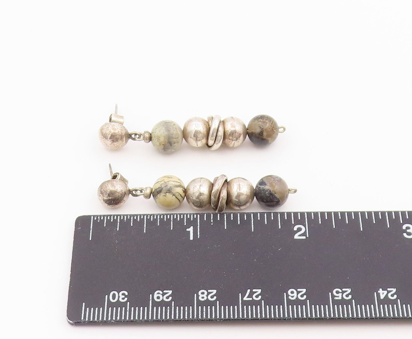 925 Sterling Silver Vintage Earrings Modernist Jasper Beaded Dangle  EG14438