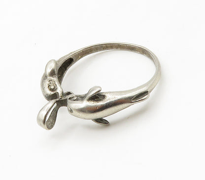 925 Sterling Silver  Vintage Double Dolphin Motif Open Circle Pendant  PT12501