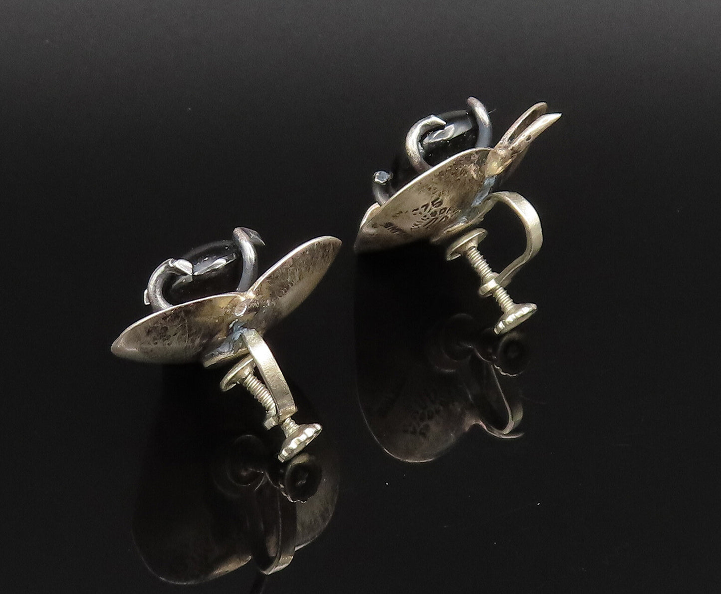 MEXICO 925 Silver  Vintage Modernist Obsidian Screw Back Earrings  EG12143